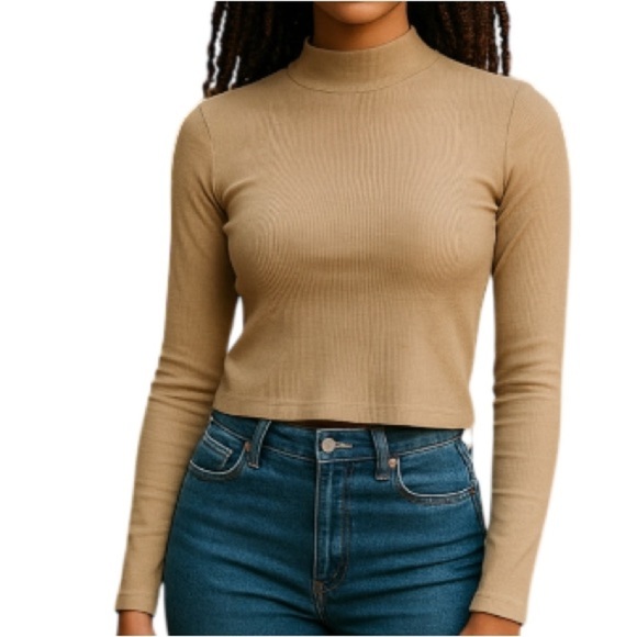 American Eagle Ribbed Cropped Mock Neck Shirt Tan Brown Long Sleeves M - Picture 1 of 10